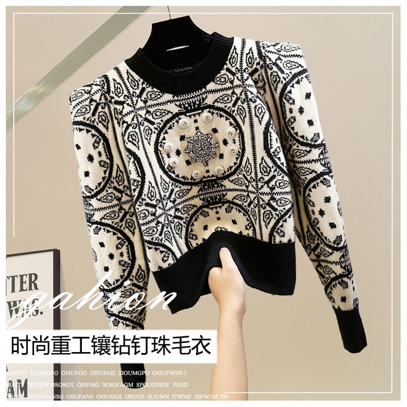 Áo sweater Tay Dài Chui Đầu Đính Hạt Kim Cương Thủ Công Dáng Ngắn Thiết Kế Sang Trọng Đơn Giản