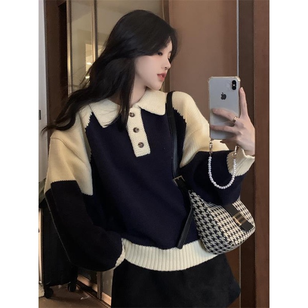Áo sweater Dệt Kim Phối Màu Tương Phản Thời Trang Mùa Thu Cho Nữ