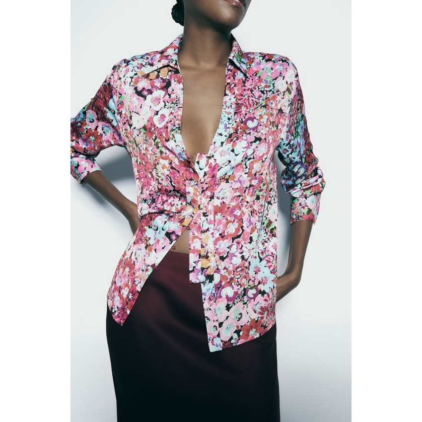 Zara Áo Sơ Mi Tay Dài Vải Lụa satin In Hoa Thời Trang Mùa Thu 8724561