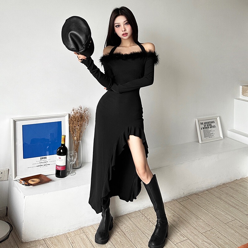 Weird Puss Đầm midi Tay Dài Hở Vai Dáng Ôm Gợi Cảm Phong Cách vintage Thanh Lịch Dành Cho Bạn Nữ