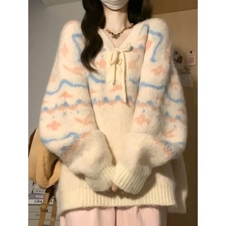 Plus áo sweater dệt kim kẻ sọc cổ v kiểu retro thời trang thu đông cho nữ