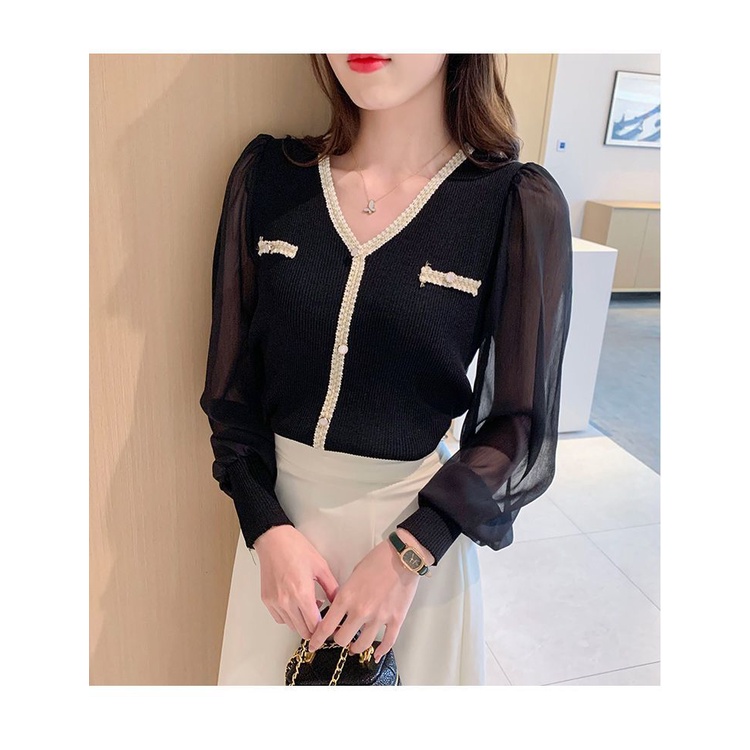 Áo Sơ Mi chiffon Dệt Kim Tay Dài Cổ Chữ v Thời Trang Mùa Thu Dành Cho Nữ