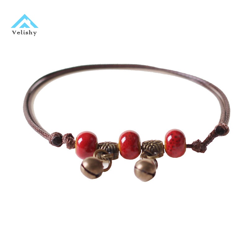 Lắc Chân Bện Dây Xỏ Hạt Gốm Màu Xanh Dương / Nâu Phong Cách Dân Tộc Thời Trang Cho Nữ