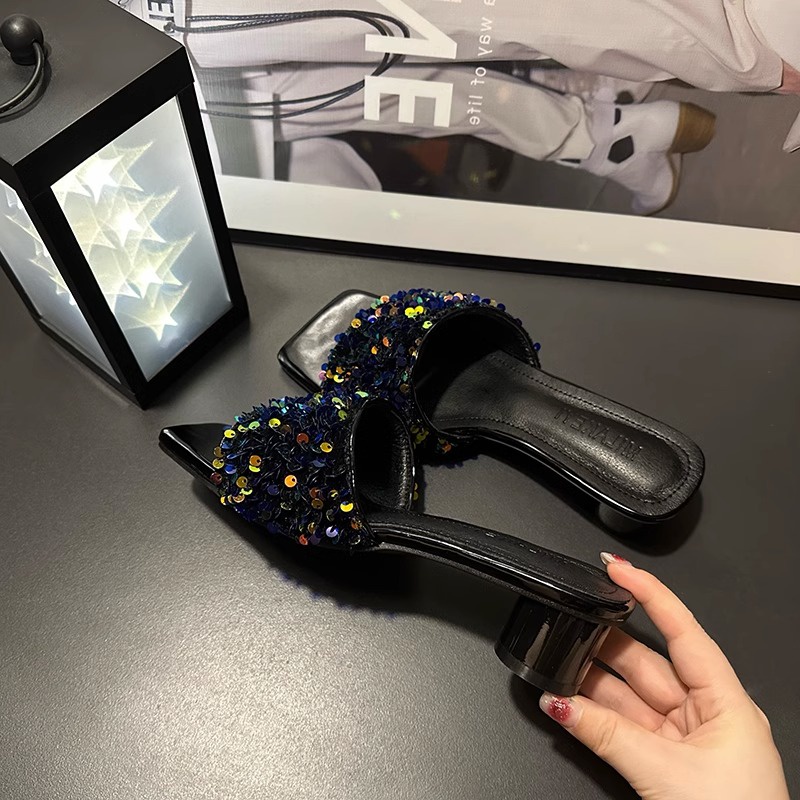Sandal Hở Ngón Gót Dày Đính Đá Thời Trang Mùa Hè 2023 Dành Cho Nữ