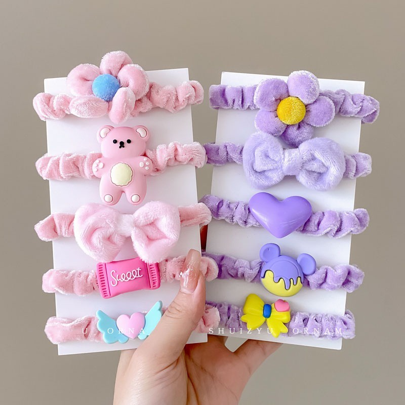 Set 5 Dây Buộc Tóc Cao Su Co Giãn Đính Nơ Kiểu Hàn Quốc Dễ Thương Không Đau Cho Bé Gái