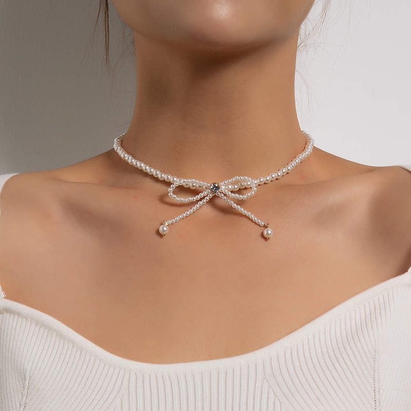 Mới Vòng Cổ Chuỗi Hạt Ngọc Trai Và Nơ handmade Thời Trang Hàn Quốc Cho Nữ