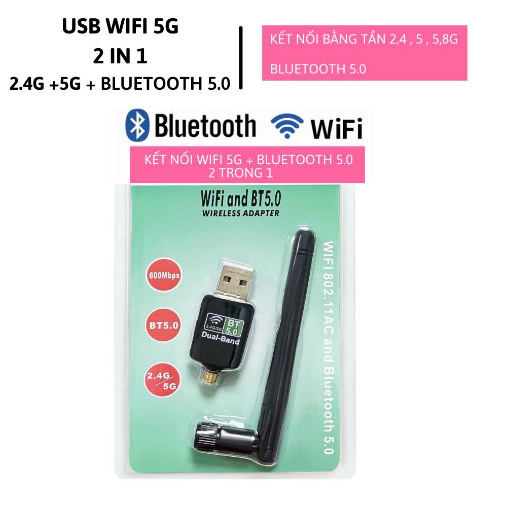 [HỎA TỐC ] USB WiFi Bluetooth 2 in1 , USB WIFI 5G Kèm USB Bluetooth 5.0, Băng Tần Kép Chuẩn AC 600Mbps cho PC laptop, PC