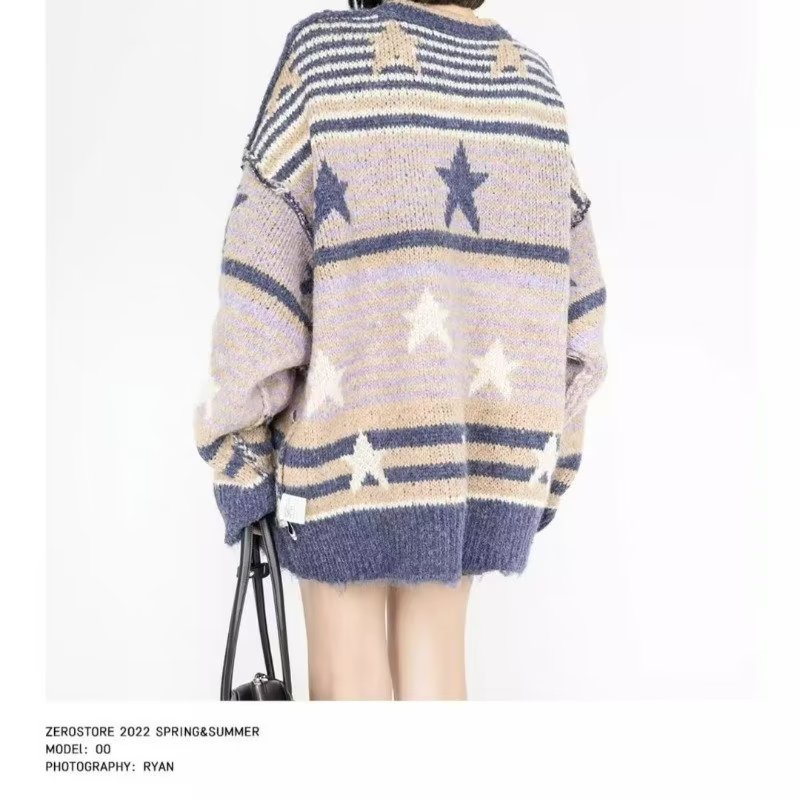 Áo sweater Chui Đầu Dáng Rộng Kẻ Sọc Ngang Phối Hình Ngôi Sao Kiểu retro Mỹ Thời Trang Thu Đông Cho Nam Và Nữ