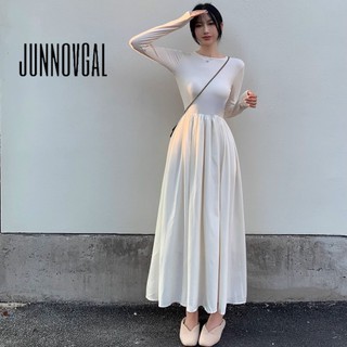 JUNNOVGAL Đầm midi nữ cổ tròn thời trang mới slim fit dài tay rỗng ra sau