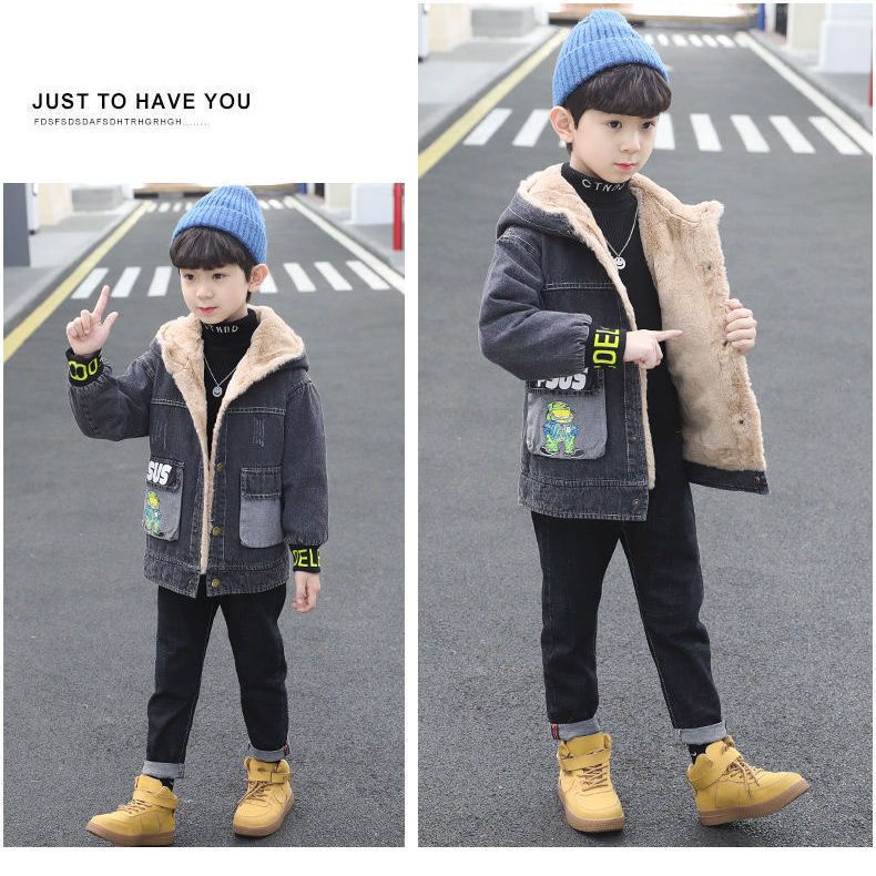 Áo Khoác denim Lót Nhung Dày Dặn Phong Cách Thời Trang Thu Đông Mới Cho Bé Trai