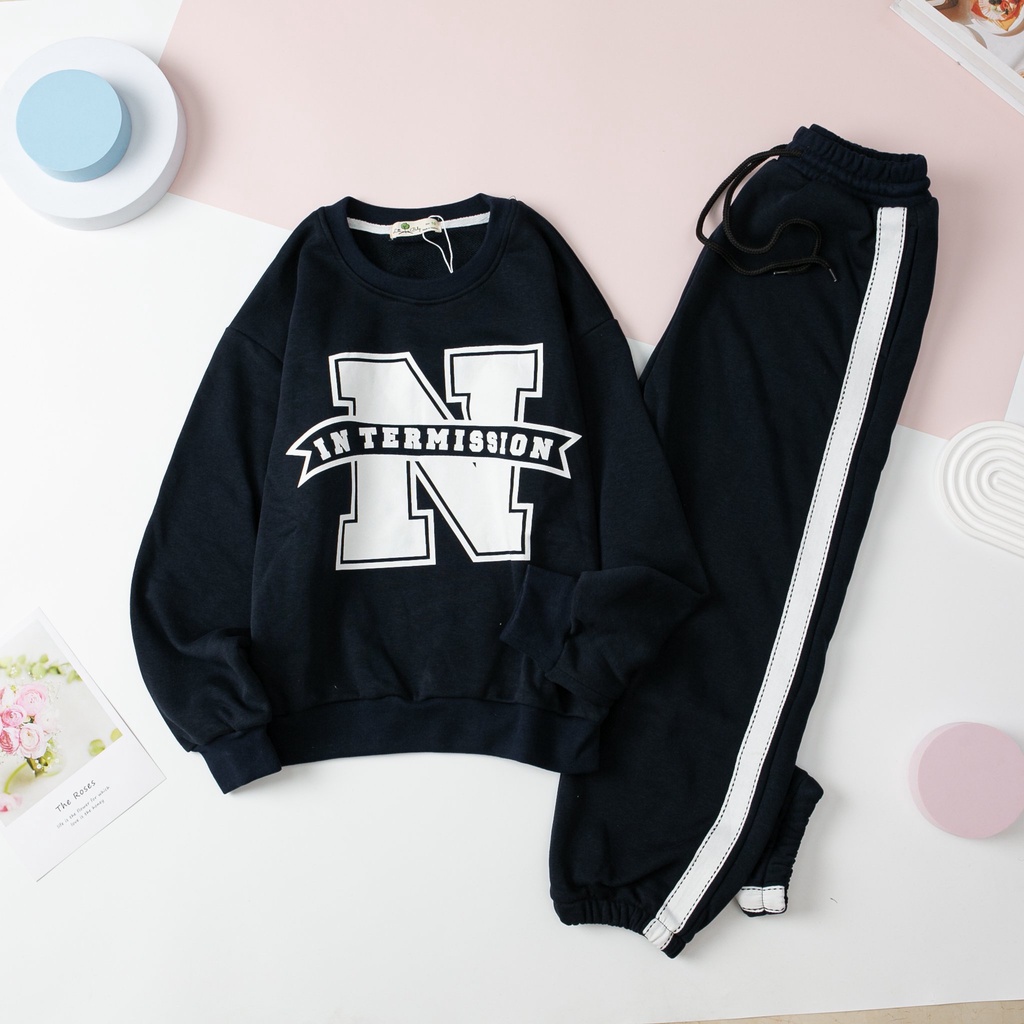 Bộ nỉ thu đông bé gái, bé trai LITIBABY in chữ N cho bạn từ 28kg - 55kg