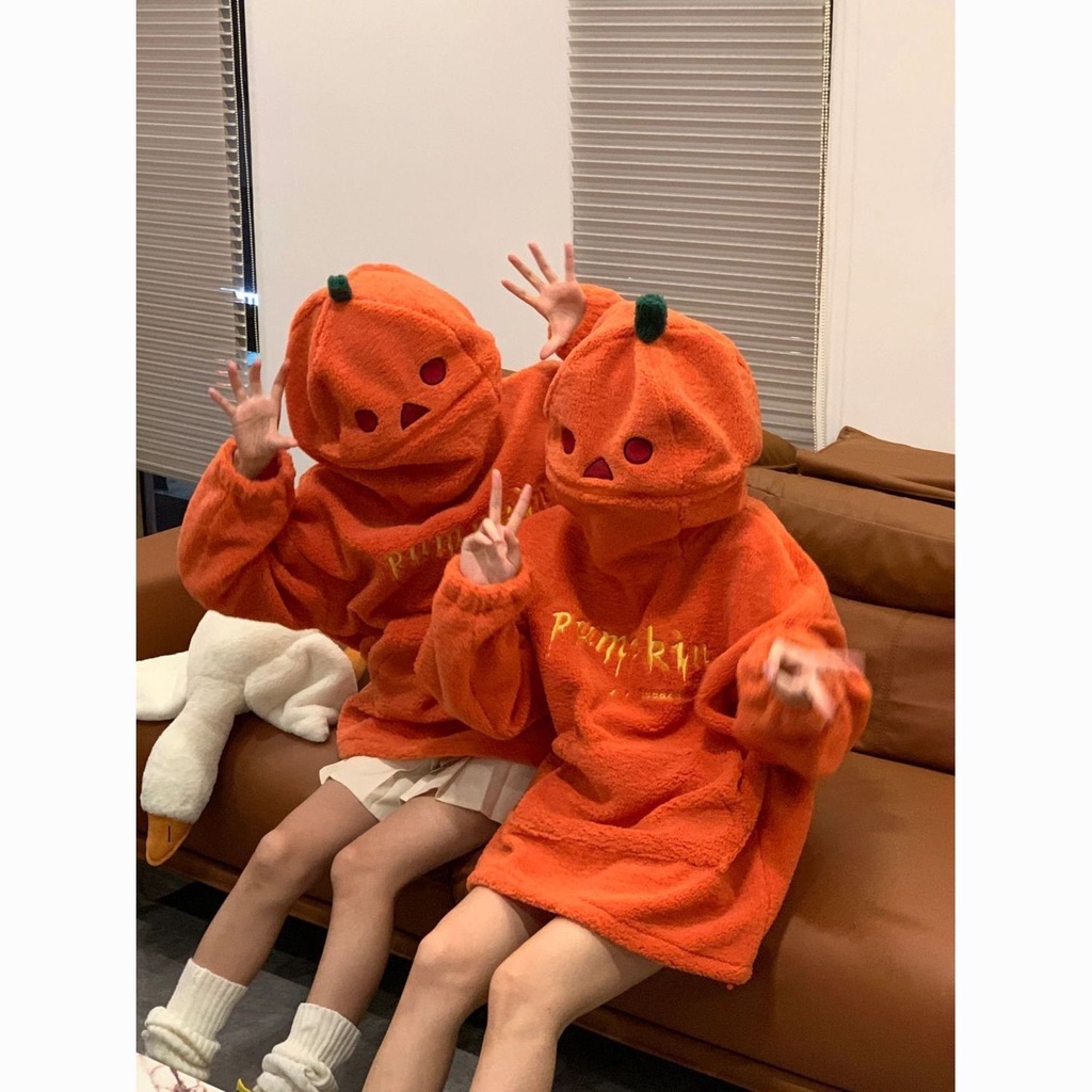 Dễ Thương Áo hoodie Lông Cừu Dày Dáng Rộng In Hình Quả Bí Ngô halloween 2023 p17