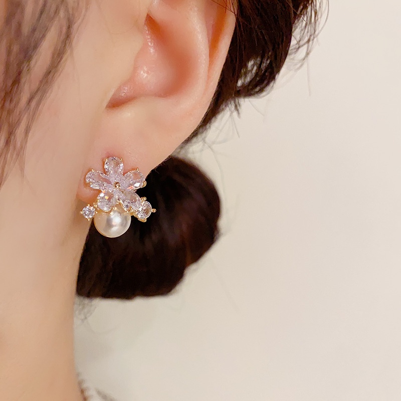 Bông Tai Mạ Bạc 925 Hình Bông Hoa Đính Ngọc Trai Dễ Thương