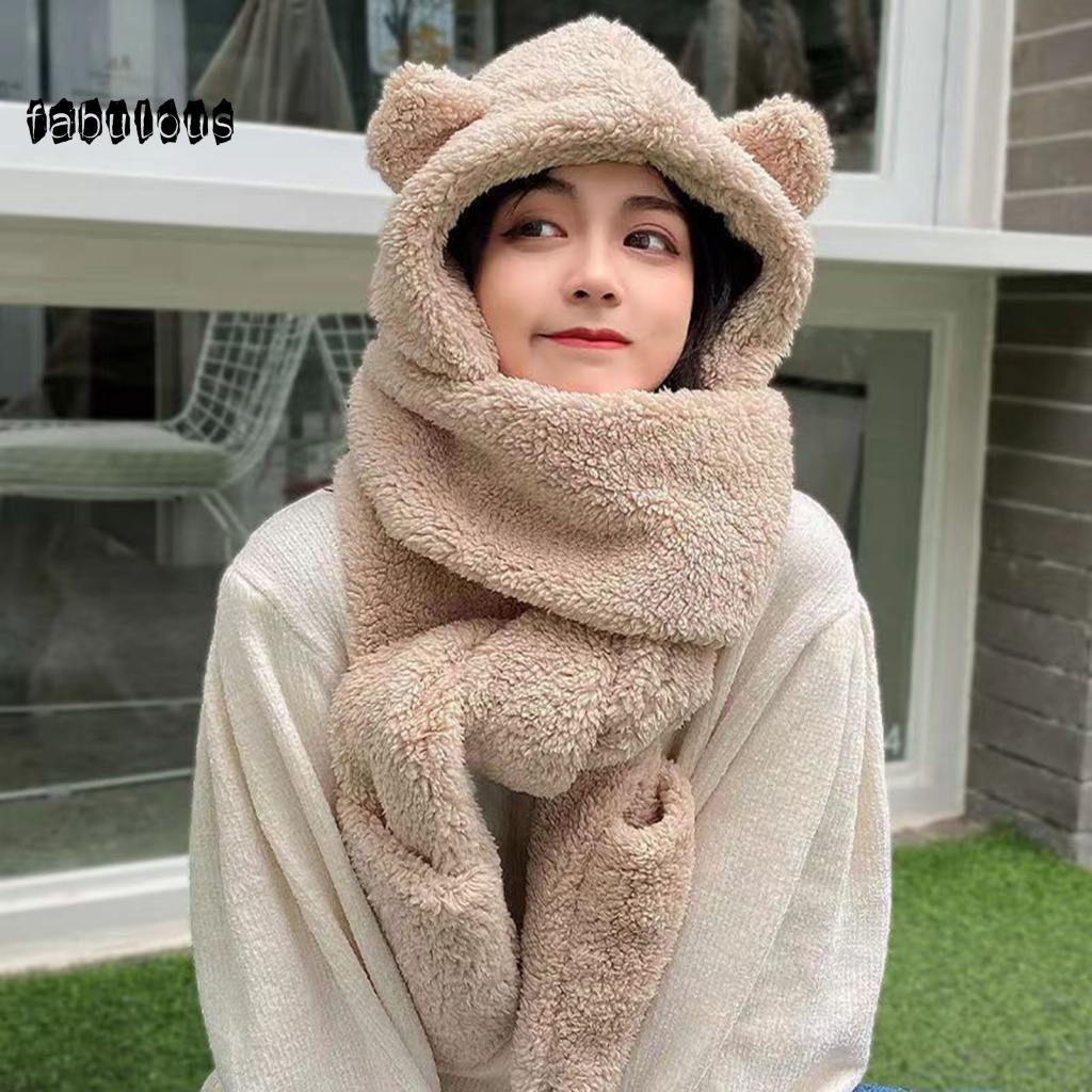 Fab set Mũ Trùm Đầu + Găng Tay + Khăn Choàng 3 Trong 1 Bằng Vải Bông Giữ Ấm Tai Gấu Co Giãn Thời Trang Mùa Đông Cho Nữ