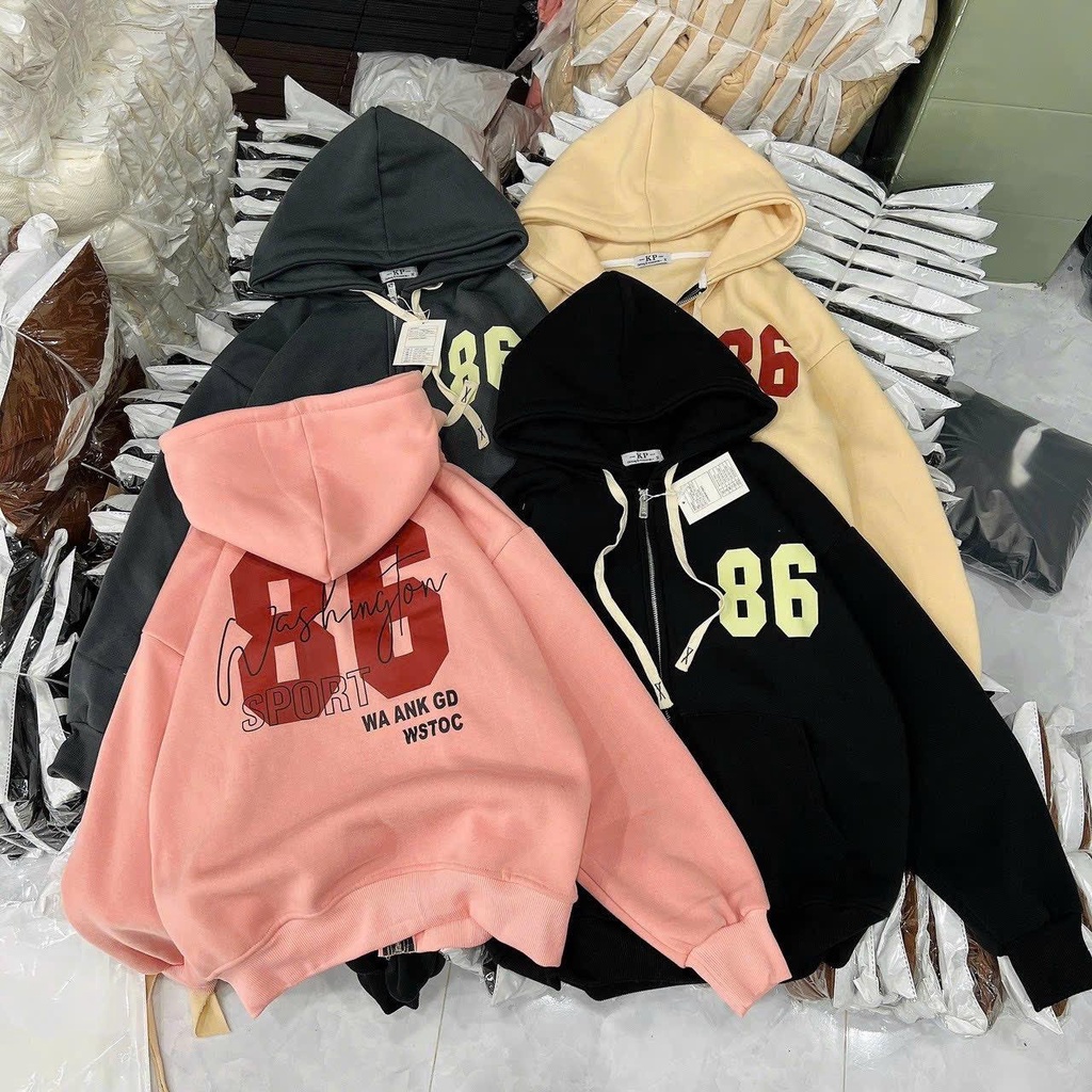 Áo khoác nỉ ngoại dệt xk in 86 có nón dây kéo unisex nam nữ