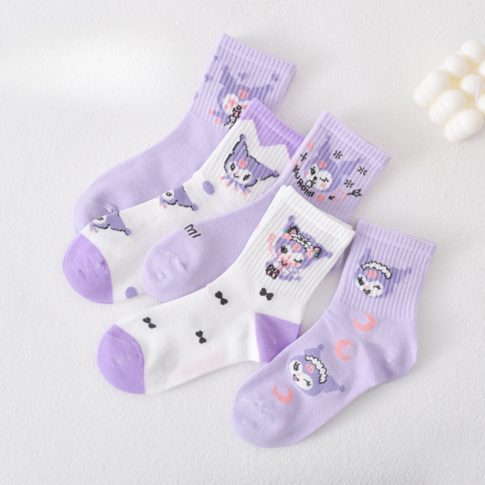 SANRIO Bộ 2 / 5 Đôi Vớ cotton Cổ Vừa In Họa Tiết Hoạt Hình kuromi Dễ Thương Thời Trang Thu Đông Cho Bé Trai Và Gái