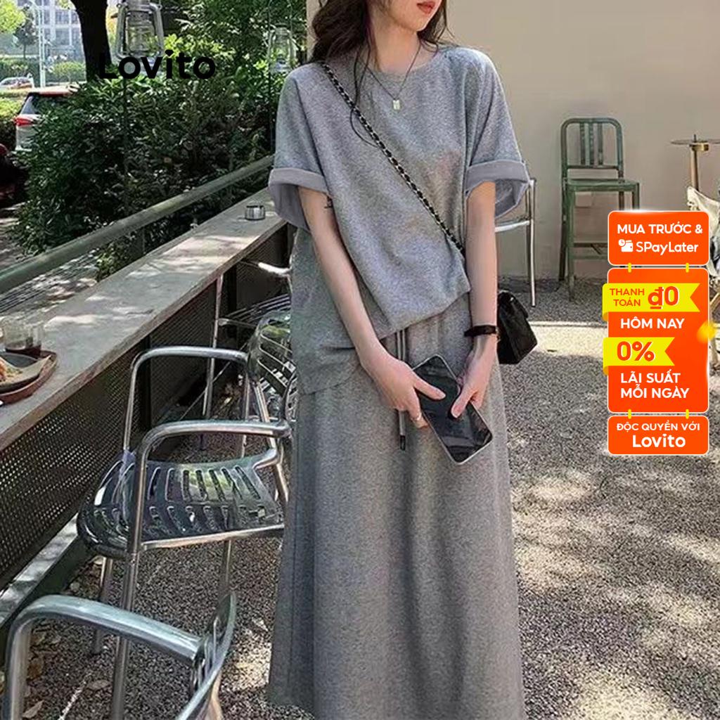 Bộ đồ Lovito gồm chân váy và áo tay ngắn cổ tròn màu trơn viền tương phản phong cách thường ngày cho nữ LNE07078 (xám)