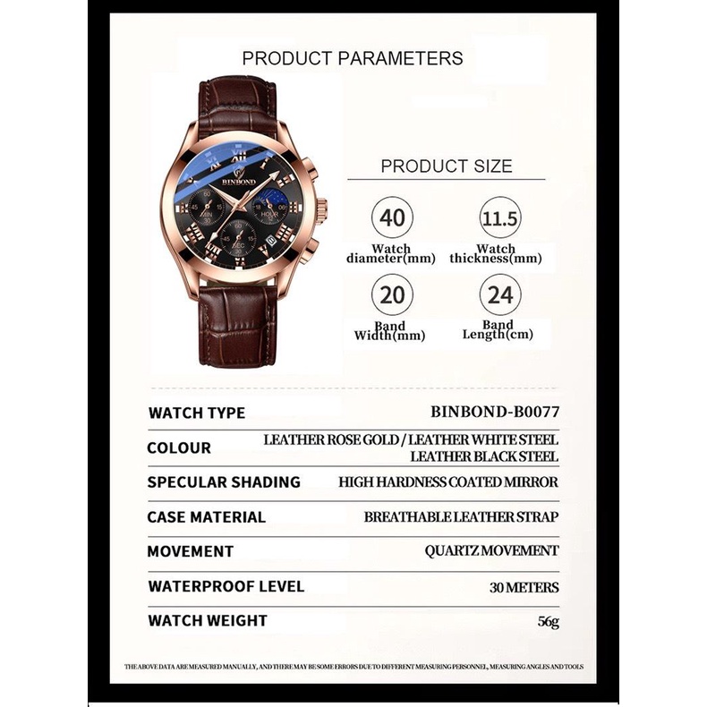 Đồng Hồ Nam Dây Da chạy 6 kim BINBOND I21 Kính Vòm