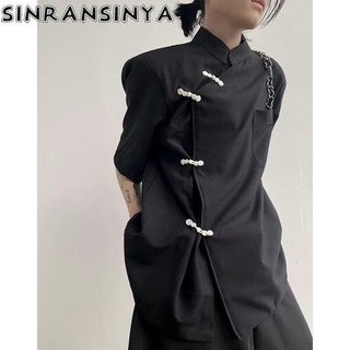 Áo SINRANSINYA tay ngắn màu trơn phong cách đường phố Mỹ cổ điển thời trang cho nam