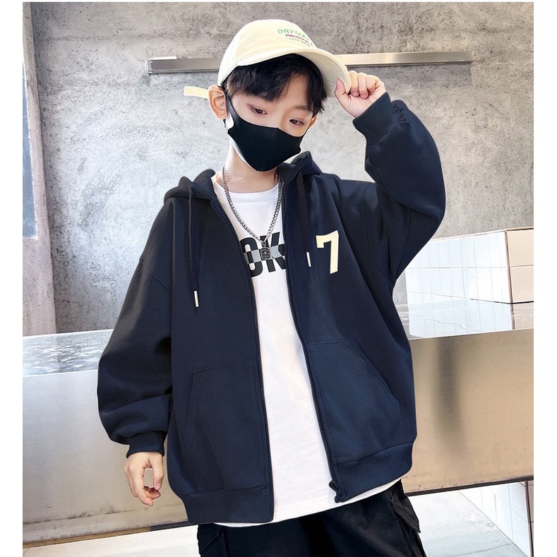 Áo khoác nỉ cho bé SIZE ĐẠI AB803 sz 120-170 màu xanh than chữ ABC, áo khoác có mũ phong cách thể thao thu đông 2023