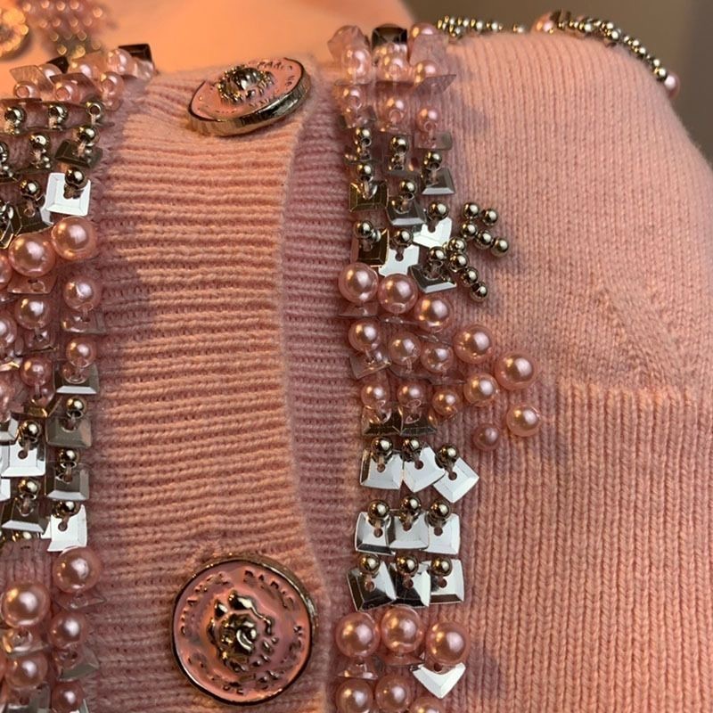 Áo cardigan Dệt Kim Mỏng Tay Ngắn Đính Hạt Kim Cương Màu Hồng Thủ Công Cho Nữ Llkbi