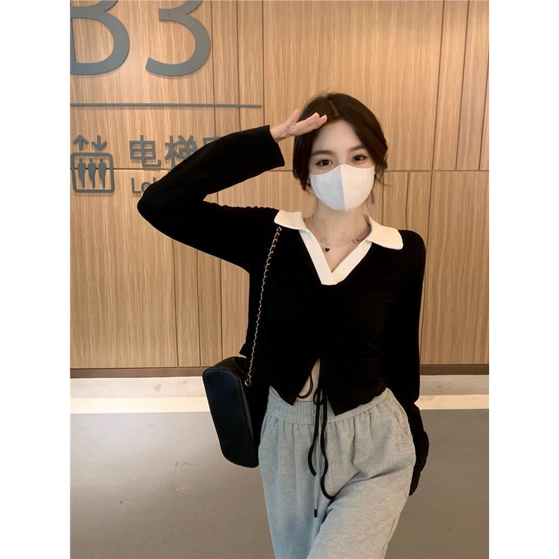 Áo Thun polo Tay Dài Ôm Dáng Phối Dây Rút Thời Trang Mùa Thu 202 Cho Nữ