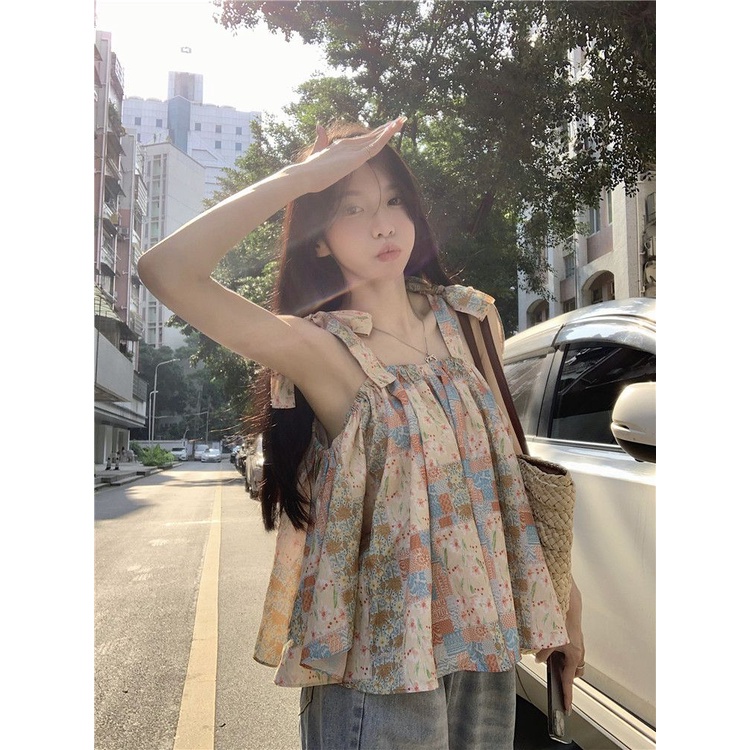Áo Hai Dây Dáng Ôm Ngắn In Họa Tiết Thời Trang Mùa Hè Pháp 2023 Cho Nữ