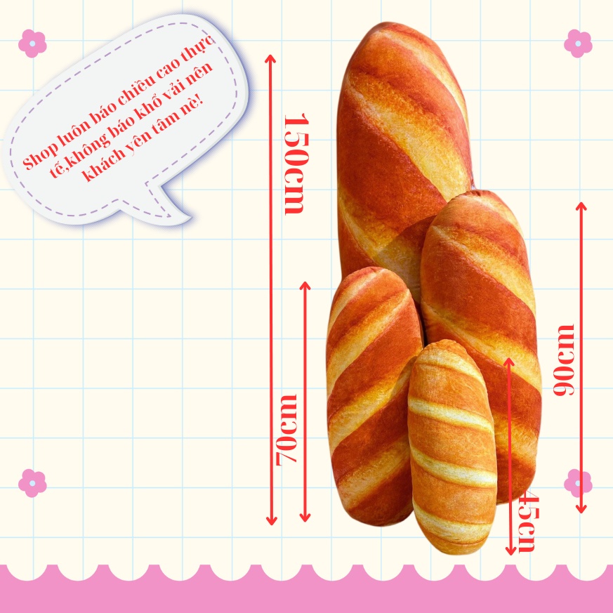 Gối Ôm Bánh Mì 3D Cao 50cm Gối Ôm Dành Cho Bé. Chất Liệu Vải Nhung, Được In Hình 3D, Hàng An Toàn Cho Bé.