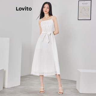 Đầm Lovito vải jacquard cột dây phối thắt lưng màu trơn thường ngày cho nữ L62ED147 (màu trắng)