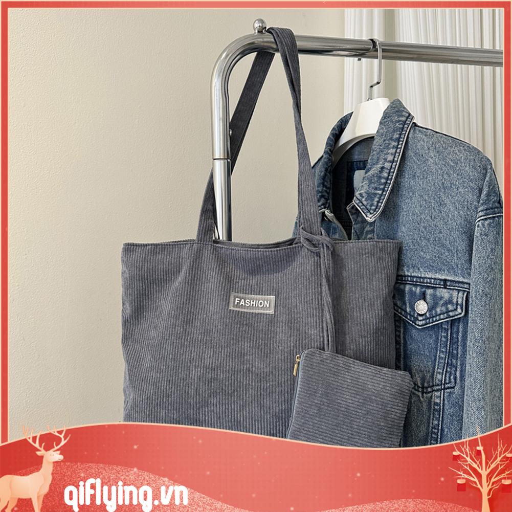 Set 2 Túi Xách Nhung Kẻ Có Khóa Kéo Thời Trang Mùa Đông Dành Cho Nữ