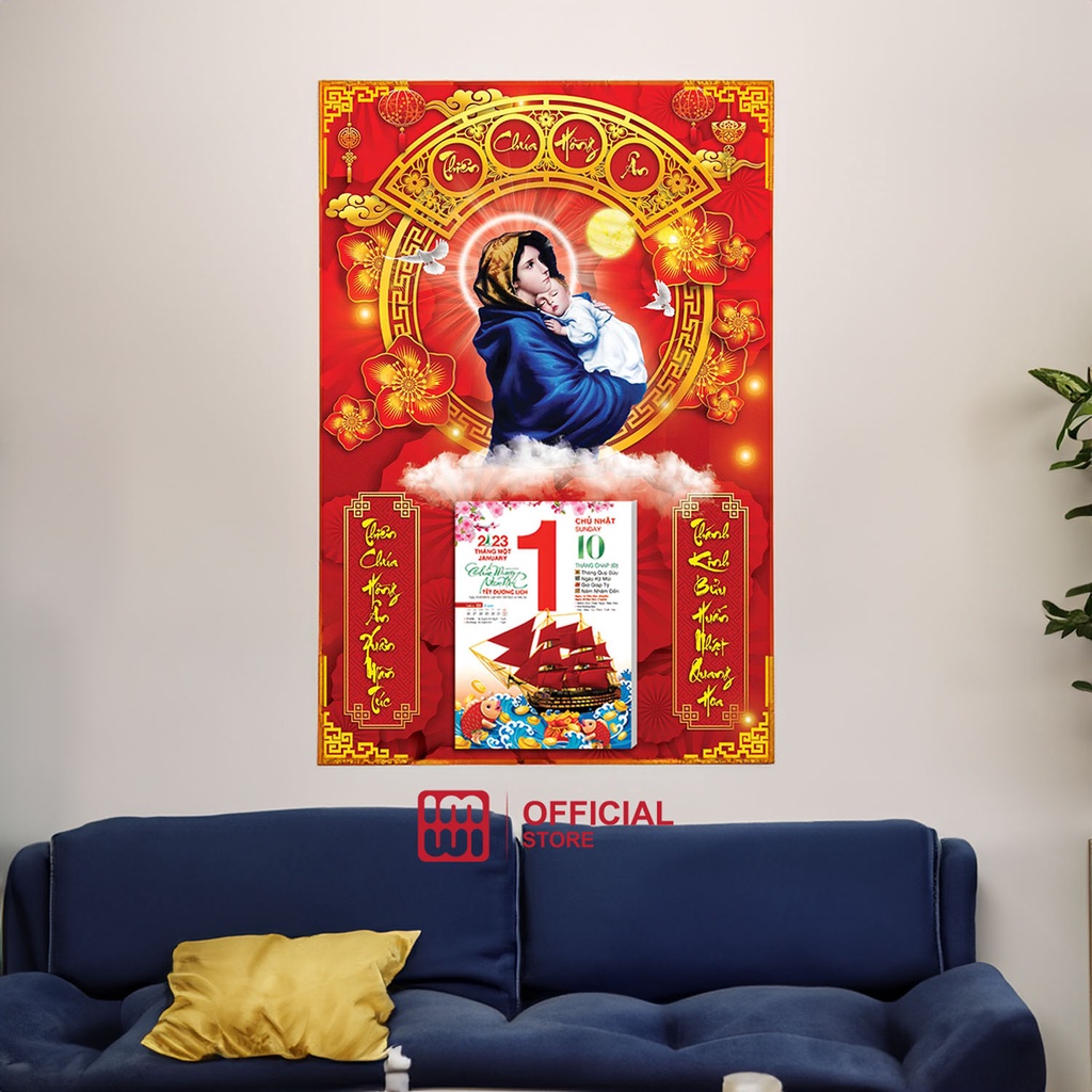 Lịch gỗ Công giáo 40x60cm Mẹ Maria Bồng Chúa Giêsu IMWI GIMIVINA LGV23MG09