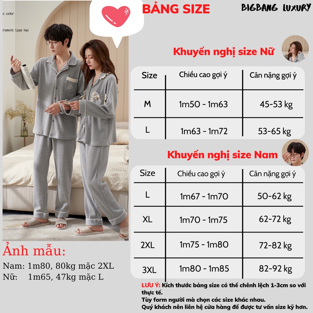 Bộ đồ ngủ pijama nam nữ Bigbang Luxury chất cotton tổ ong cao cấp dành cho các cặp đôi gia đình qu