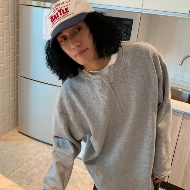 Magee Áo sweater Cổ Tròn Dáng Rộng Cao Cấp Màu Trơn Có Khóa Kéo Nửa Hình Bánh waffle Phong Cách retro Hàn Quốc Thường Ngày Cho Nam