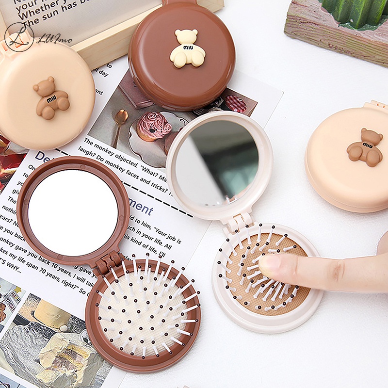 Luimo Lược Chải Tóc mini Hình Gấu Hoạt Hình Dễ Thương Có Gương Mát Xa Nhỏ Gọn Cho Bé Gái * Hàng Bán Chạy