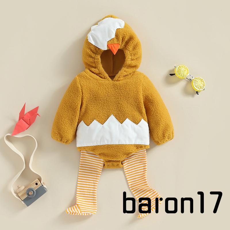 Bộ Áo Liền Quần Dài Tay Có Mũ Hình Gà Con + Vớ Kẻ Sọc Cho Bé