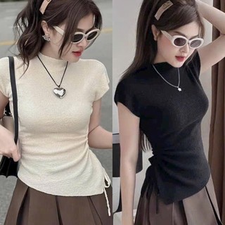 ÁO THUN LEN TAY LỠ RÚT DÂY CROPTOP VẠT XÉO NHỌN