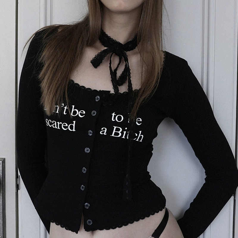 Áo Thun Tay Dài Dáng Ôm In Họa Tiết Cột Dây Phong Cách Mỹ Cho Nữ