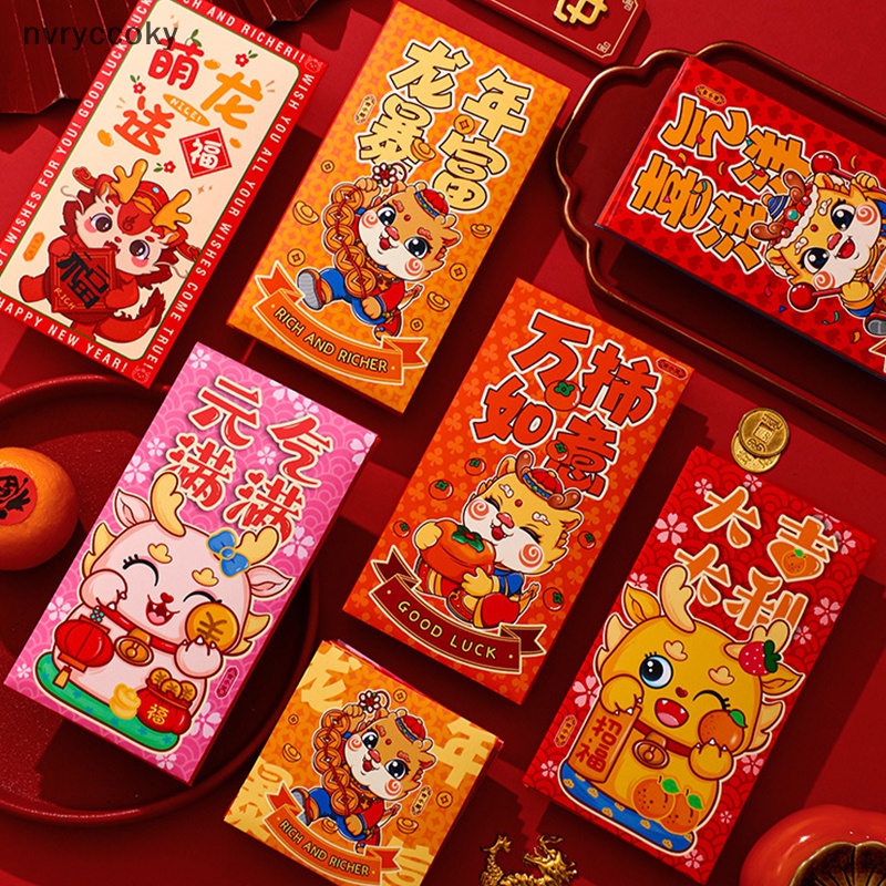 Set 6 Bao Lì Xì Năm Mới 2024 Họa Tiết Rồng May Mắn Màu Đỏ Phong Cách Trung Hoa