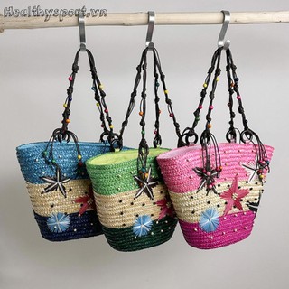 Túi Xách Đan Rơm Đính Hạt Hình Sao Biển Thêu Tay Phong Cách bohemian Thích Hợp Cho Tiệc Tùng