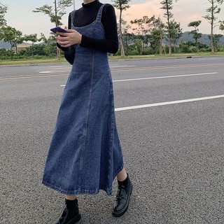 Đầm denim Xanh Dương Đậm Dáng Rộng Thời Trang Mùa Thu Phong Cách Hàn Quốc Cho Nữ