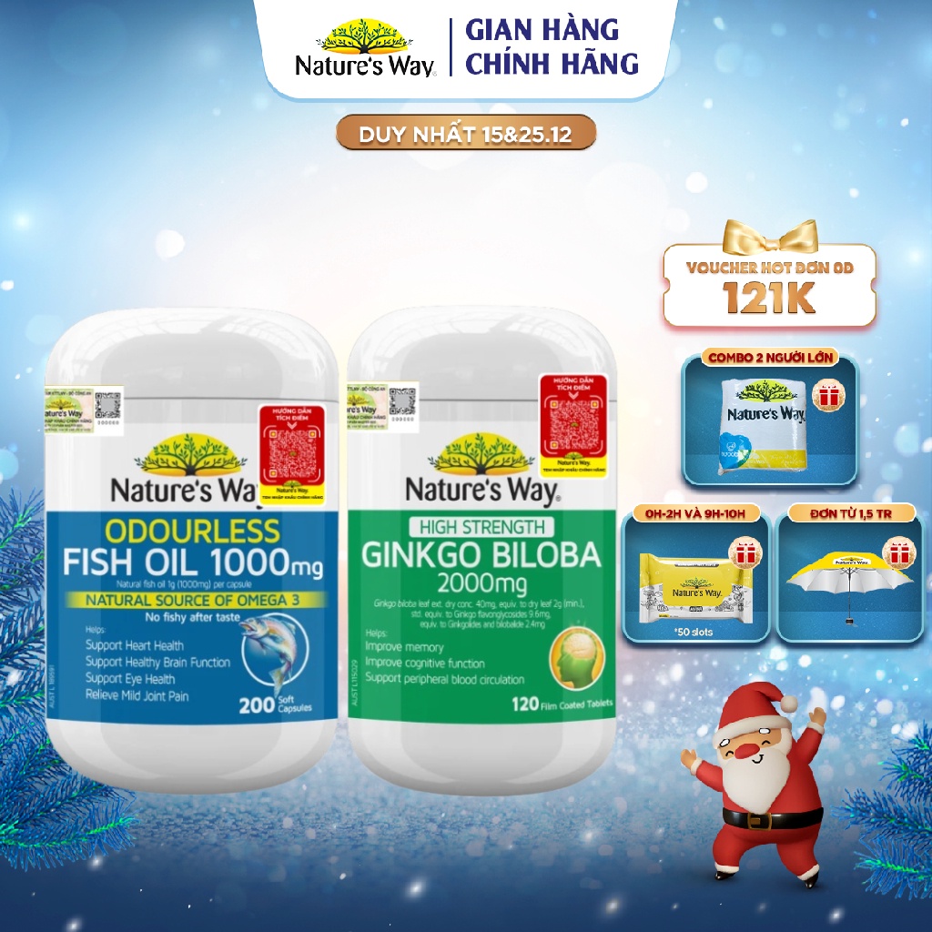 Combo Viên Uống Odourless Fish Oil + Ginkgo Biloba NATURE'S WAY Cho Người Lớn Cải Thiện Tuần Hoàn, Tốt Cho Thị Lực