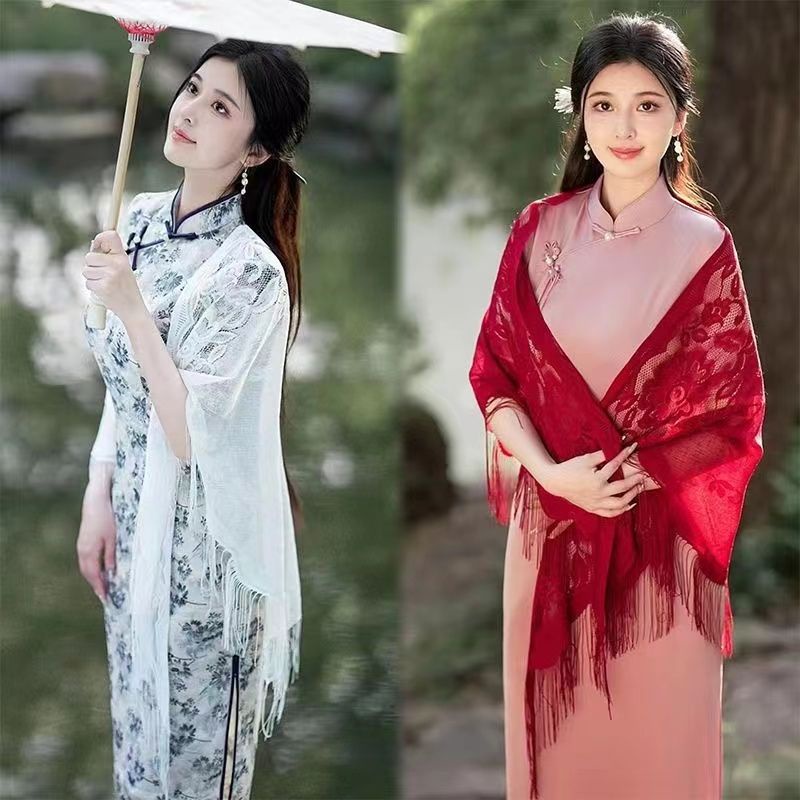 Khăn Choàng Ren Phối Tua Rua Phong Cách Trung Hoa Cổ Điển Thời Trang Xuân Hè Cho Nữ