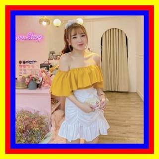 Sét bộ váy nhúm xoè phối áo voan bèo bệt vai đủ màu, Set váy áo nữ mặc kiểu mới siêu hot Siêu xinh
