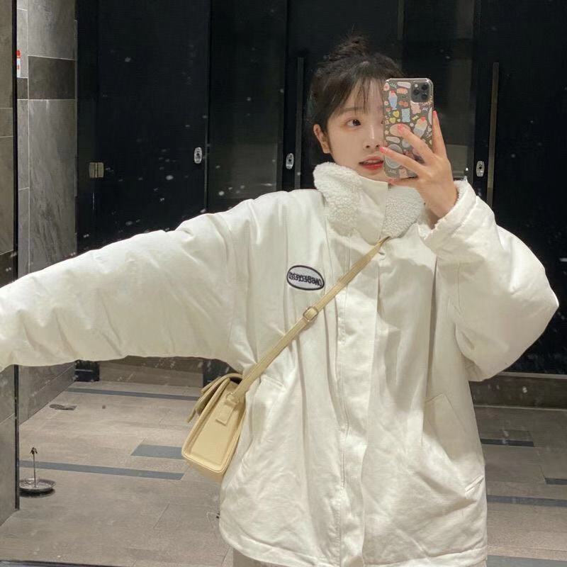 Áo Khoác cotton Giả Lông Cừu Dày Hai Mặt Dáng Rộng Phong Cách Hàn Quốc Thời Trang Mùa Đông 2024 Cho Nữ