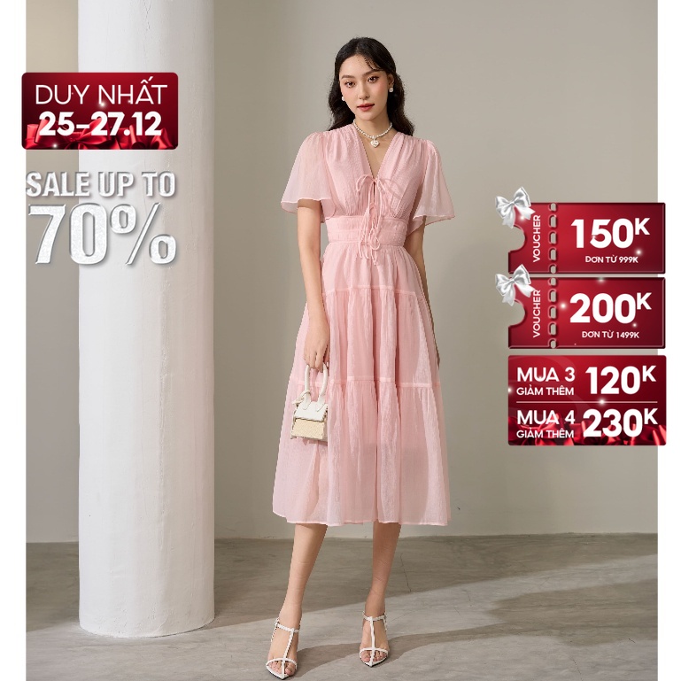 SALE UP TO 50% + VC 200K || JOVEN Đầm cổ V nơ ngực tay ngắn dáng xòe thiết kế tầng nữ tính