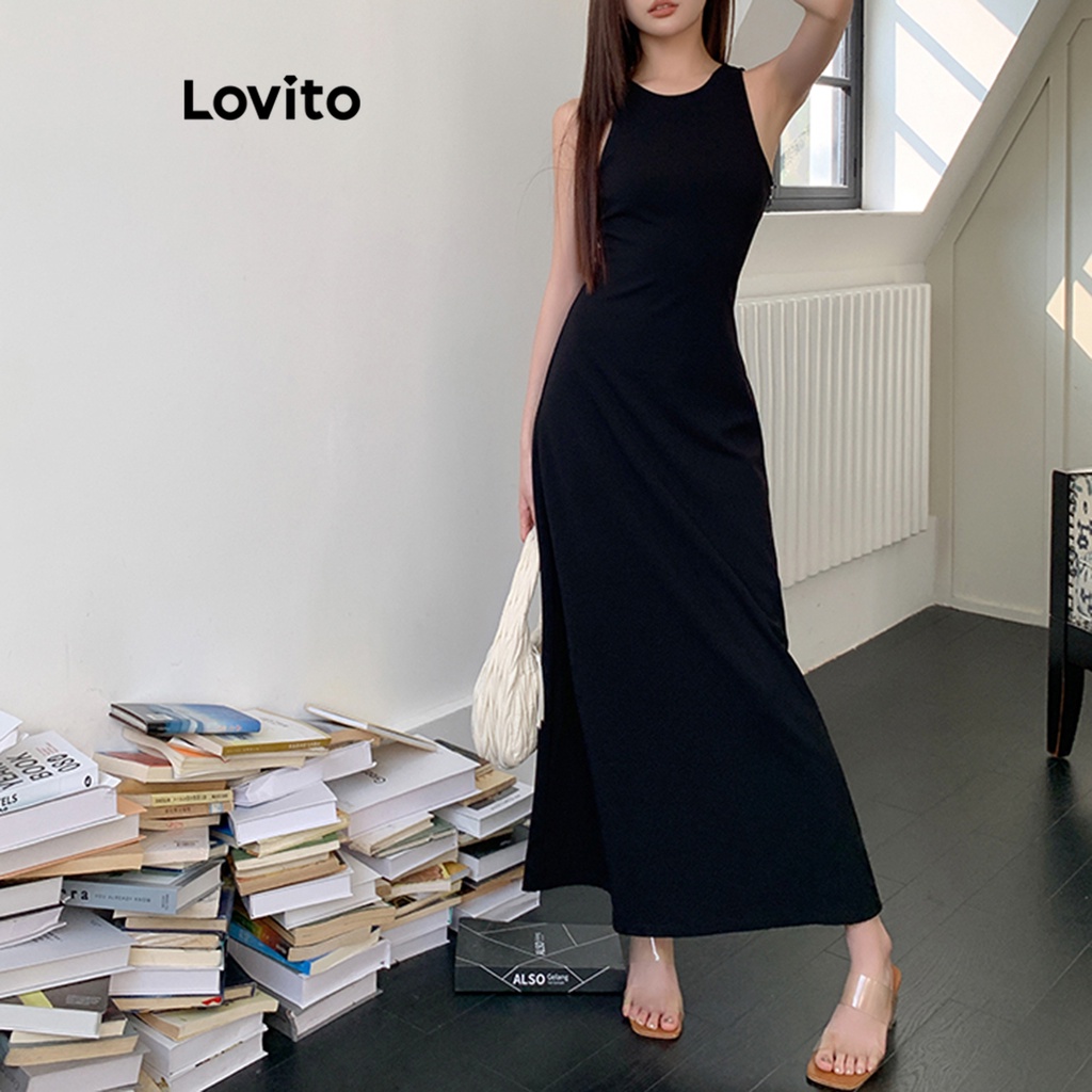 Đầm Lovito hở lưng màu trơn thường ngày cho nữ LNA21062