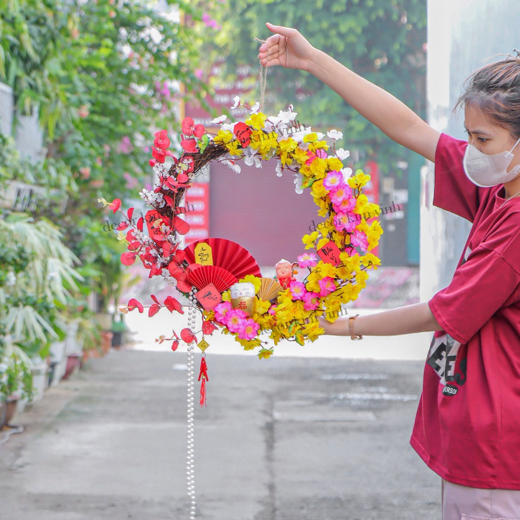 Vòng Hoa Tết H90 Kèm Đèn, Vòng Hoa Trang Trí Tết Xuân