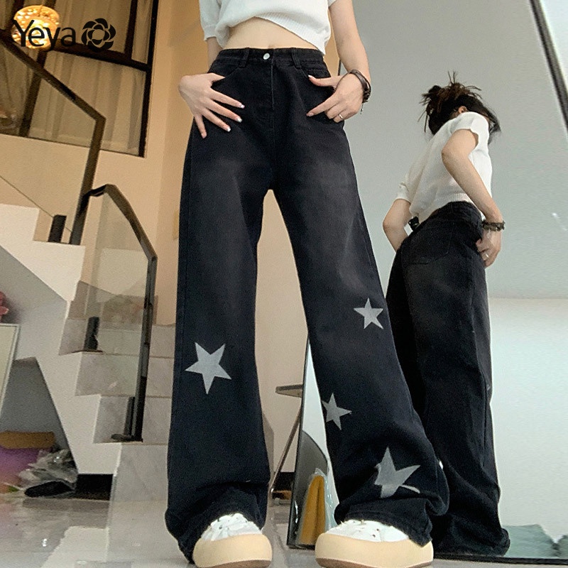 Quần jeans Nữ Lưng Cao Ống Rộng In Hình Ngôi Sao Thời Trang