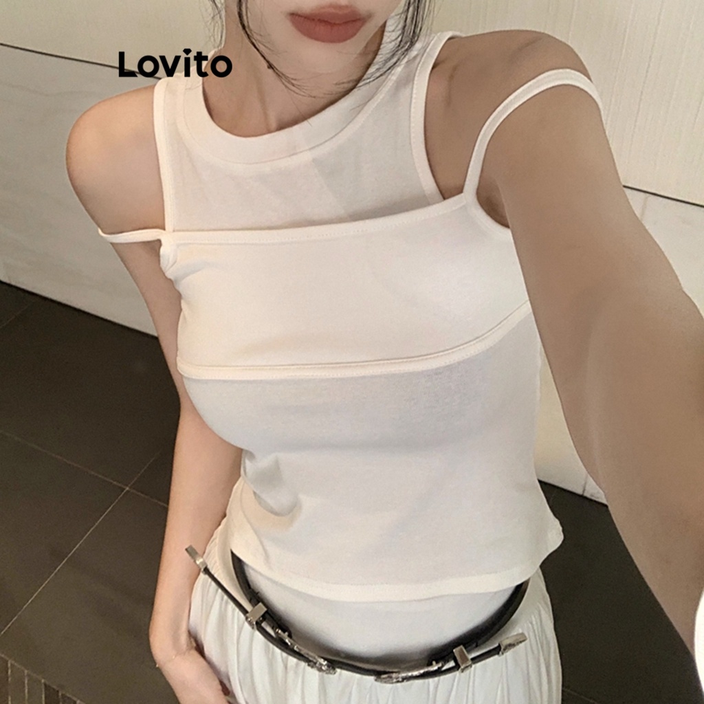 Áo Lovito cộc tay thiết kế giả 2 mảnh trong 1 màu trơn thường ngày cho nữ LNA21250 (màu trắng)