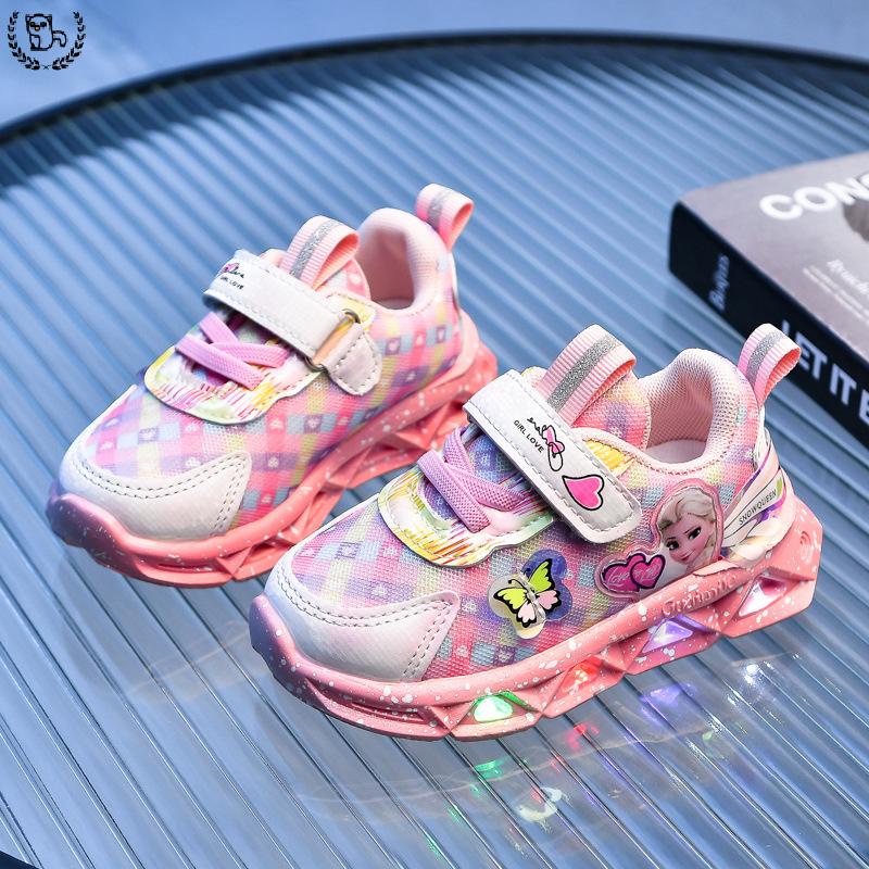 Giày Thể Thao Đế Mềm Chống Trượt Thoáng Khí Có Đèn led Dạ Quang Hình Công Chúa elsa Dành Cho Bé Gái